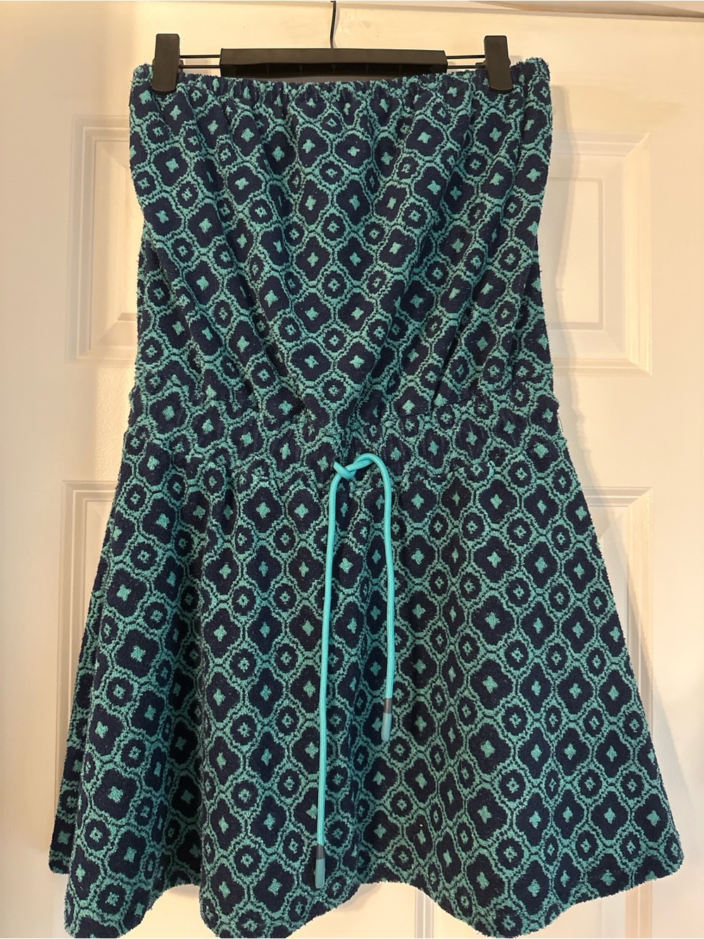 Anthropologie Navy and Teal Strapless Patterned Sundress